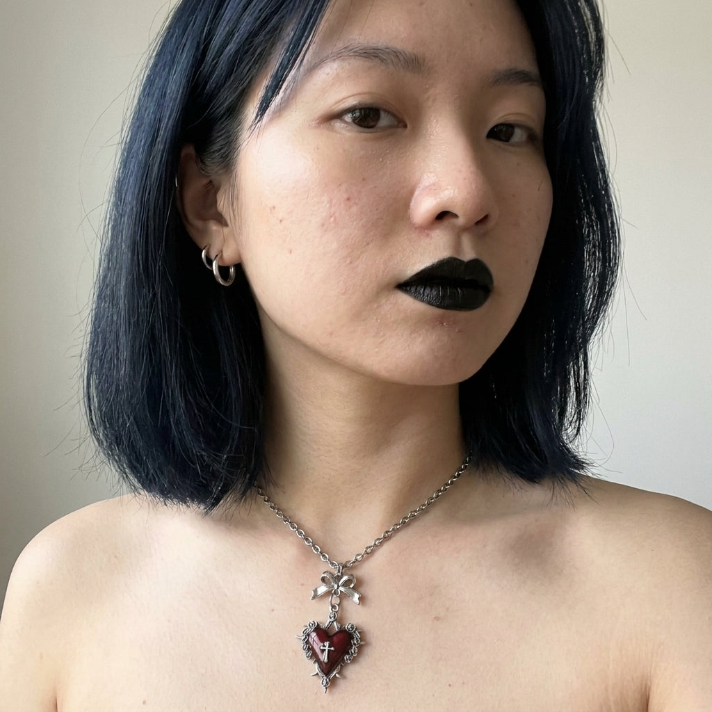 Blood Red Thorned Heart Cross & Bow Necklace