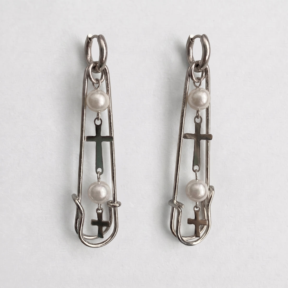 Safety Pin Pearl & Cross Drop Earrings