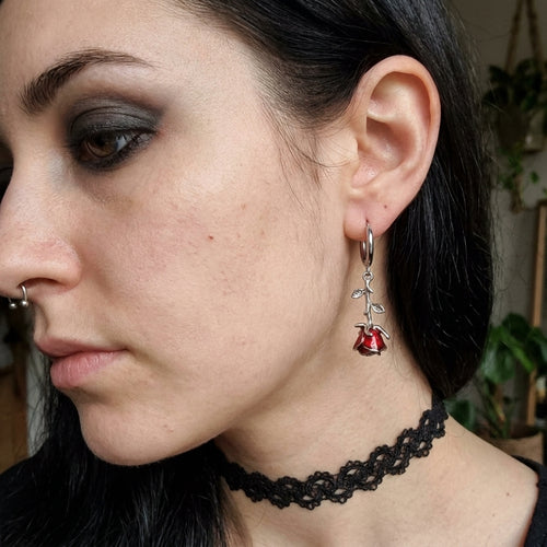 Blood Red Rose Stem Hoop Earrings
