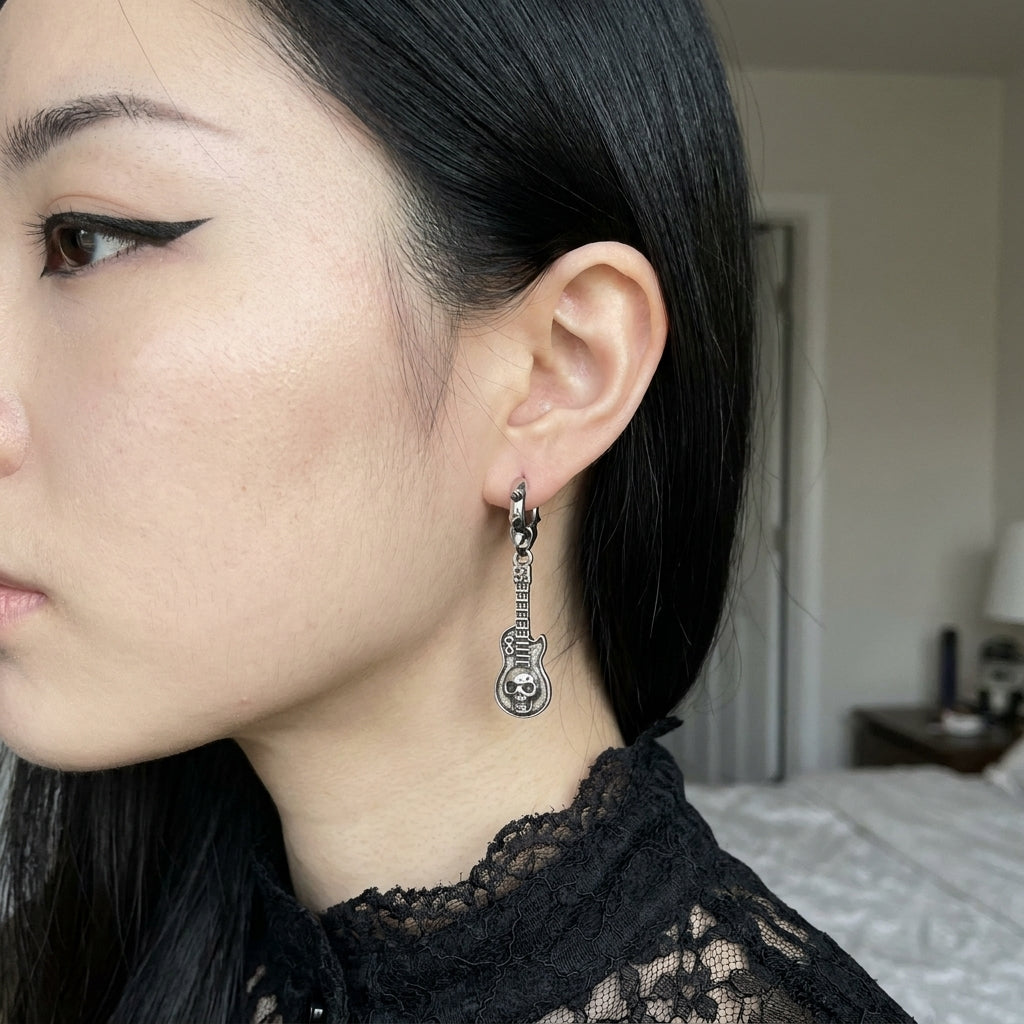 Skull Guitar Mismatched Spiked Hoop Earrings