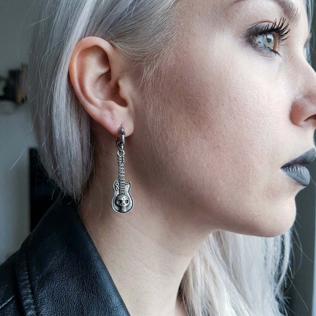 Skull Guitar Mismatched Spiked Hoop Earrings