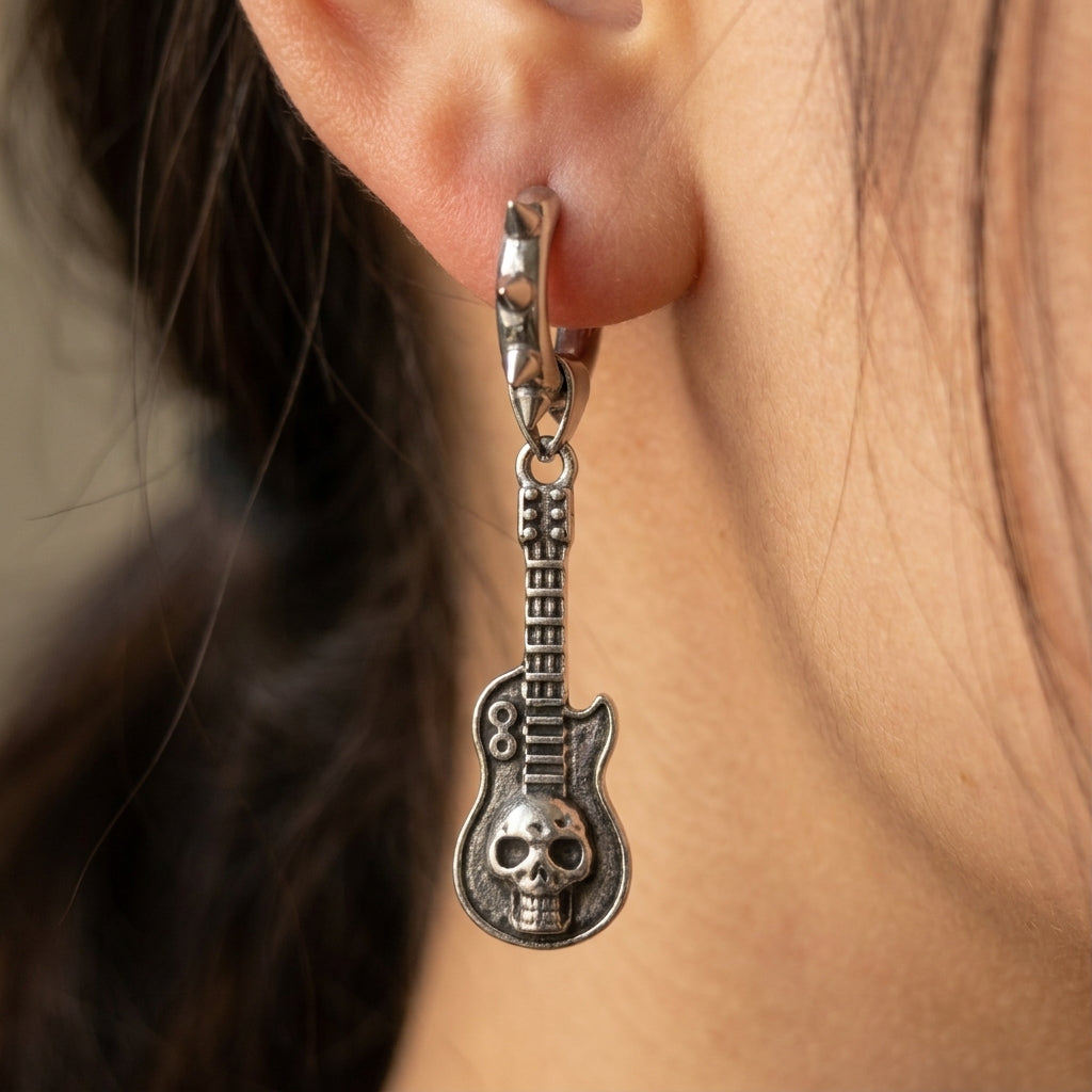 Skull Guitar Mismatched Spiked Hoop Earrings