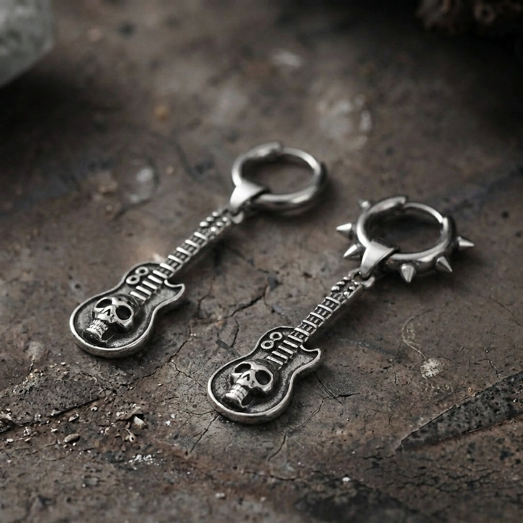 Skull Guitar Mismatched Spiked Hoop Earrings