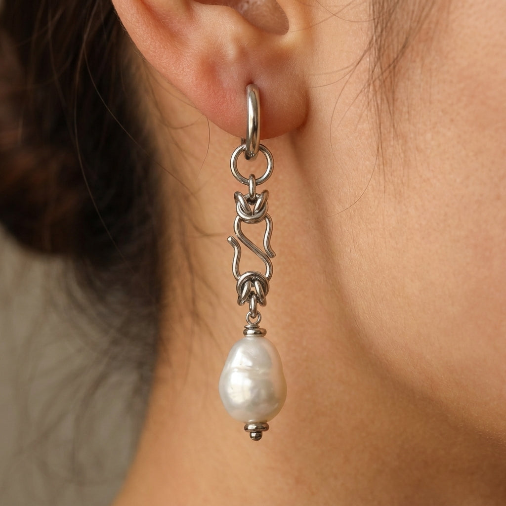 Wire Knot Baroque Pearl Drop Earrings