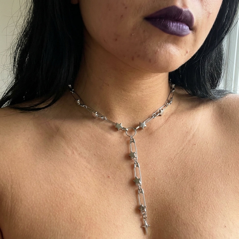 Safety Pin Star Chain Lariat Necklace