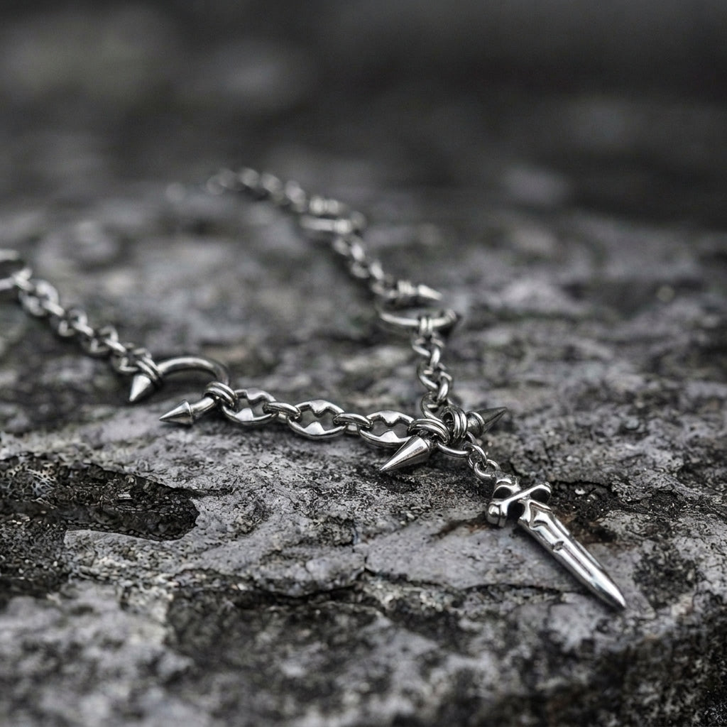 Gothic Cross Dagger Spiked Horseshoe Necklace