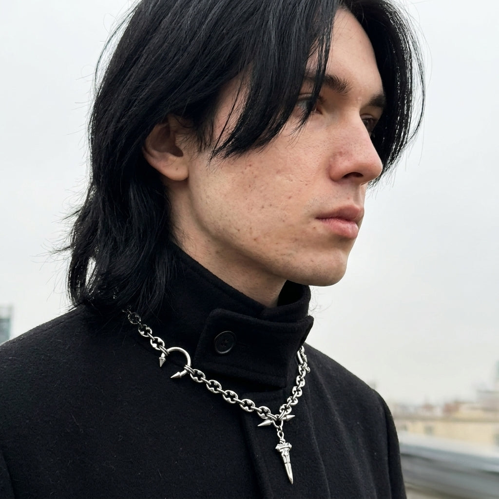 Gothic Cross Dagger Spiked Horseshoe Necklace