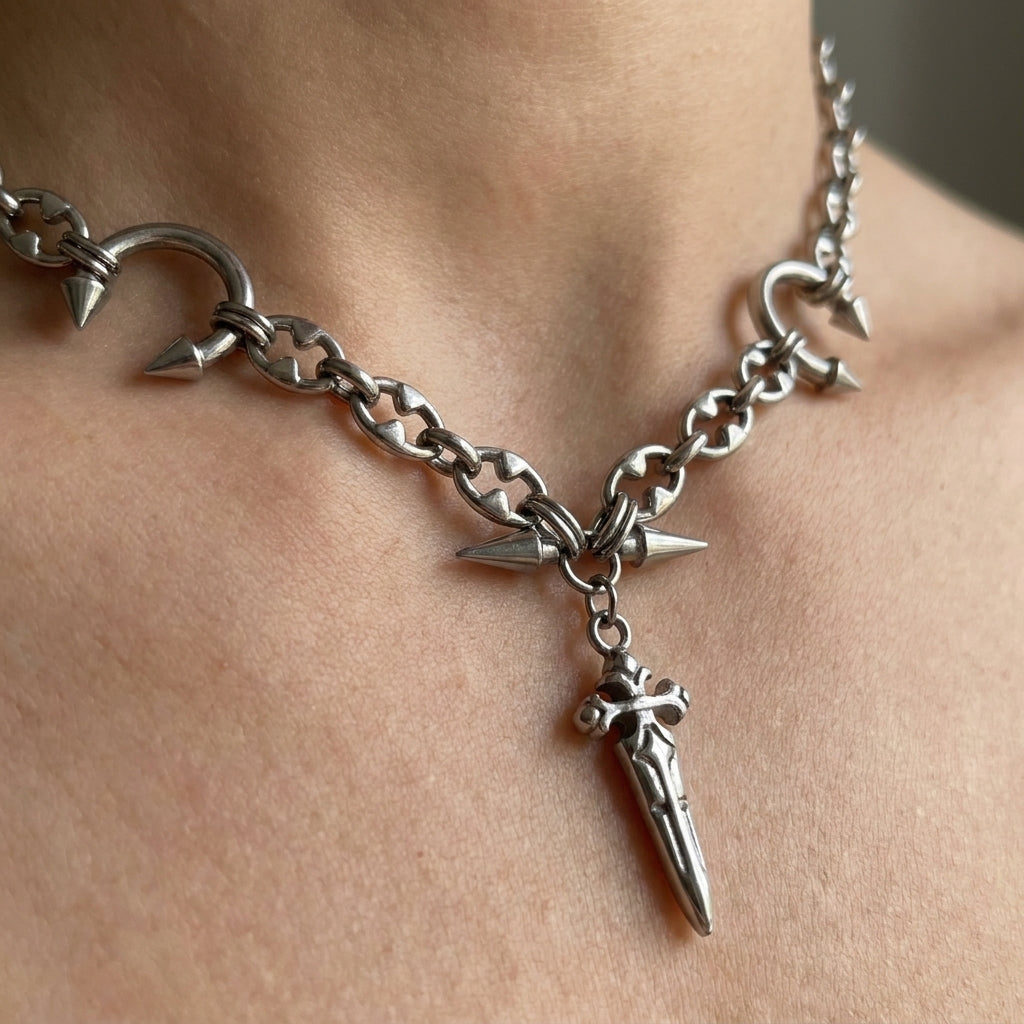 Gothic Cross Dagger Spiked Horseshoe Necklace