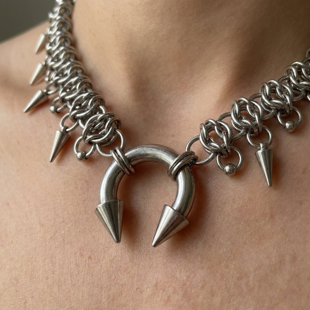 Circular Barbell Spike Fringe Chainmail Necklace