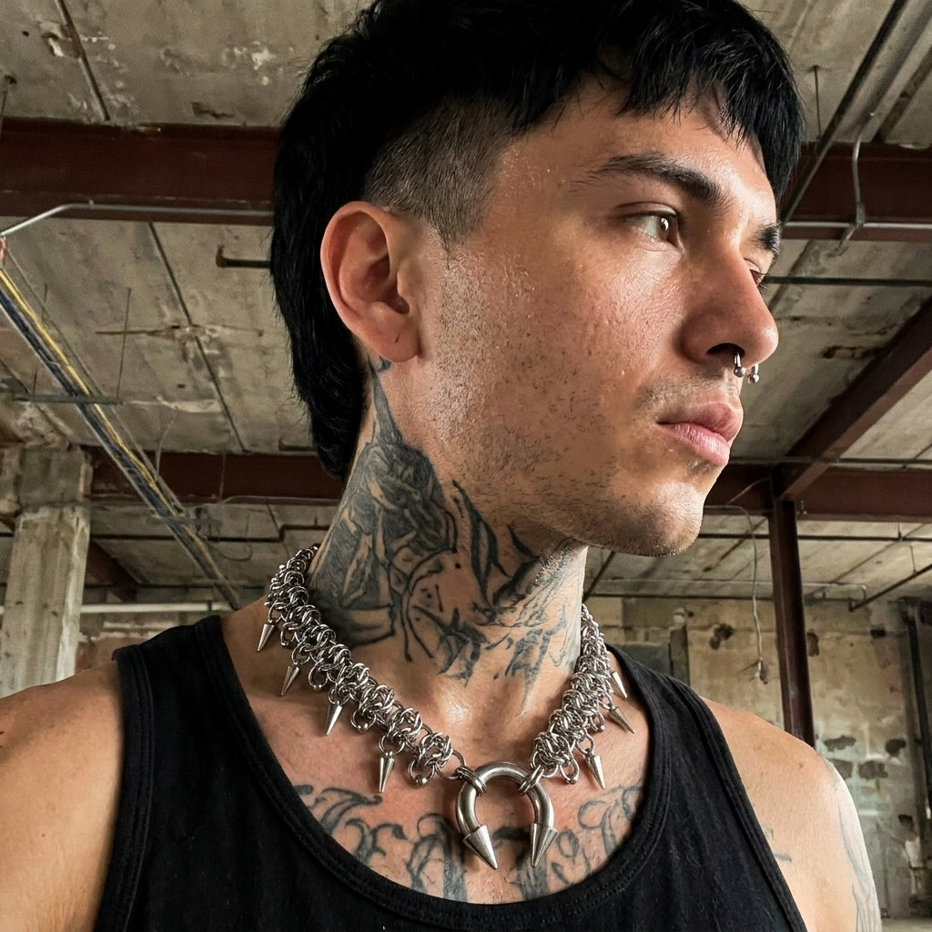 Circular Barbell Spike Fringe Chainmail Necklace