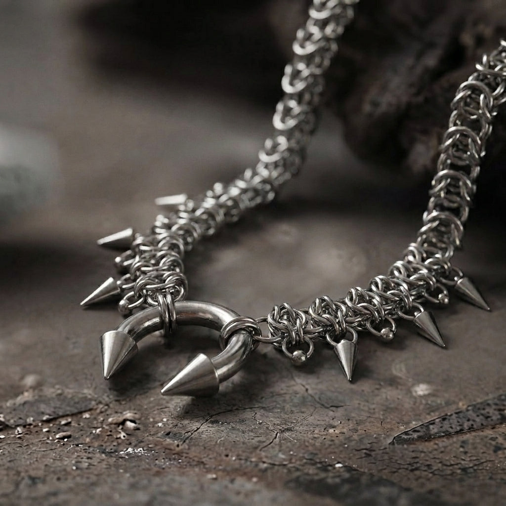 Circular Barbell Spike Fringe Chainmail Necklace