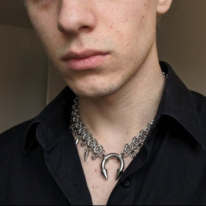 Circular Barbell Spike Fringe Chainmail Necklace