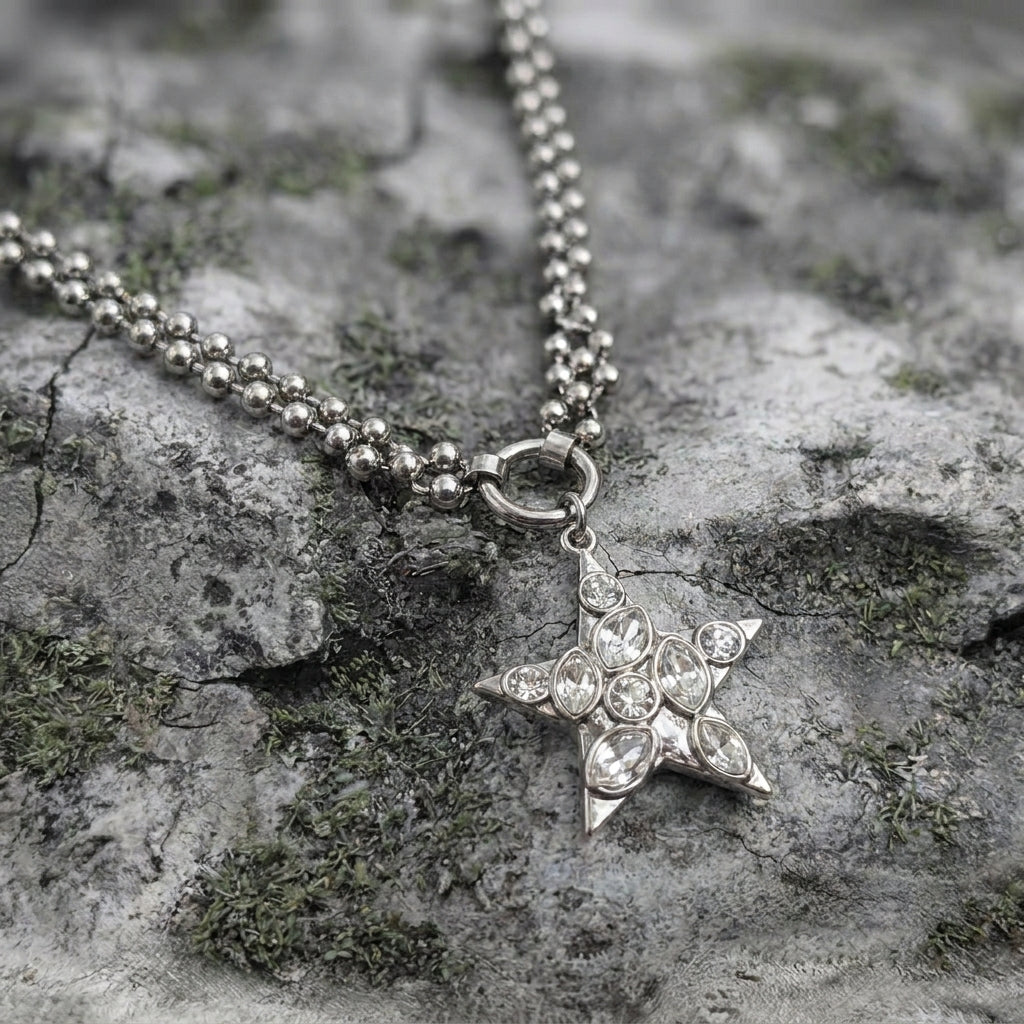 Crystal Pave Star Double Ball Chain Necklace