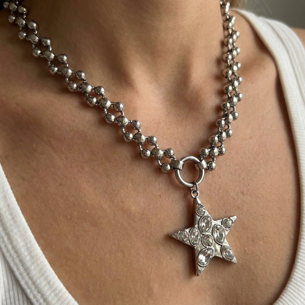 Crystal Pave Star Double Ball Chain Necklace