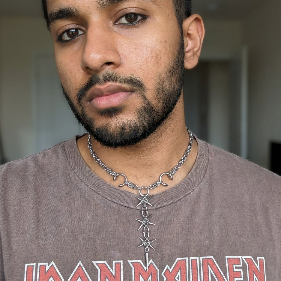 Triple Spiked Star Byzantine Lariat Necklace