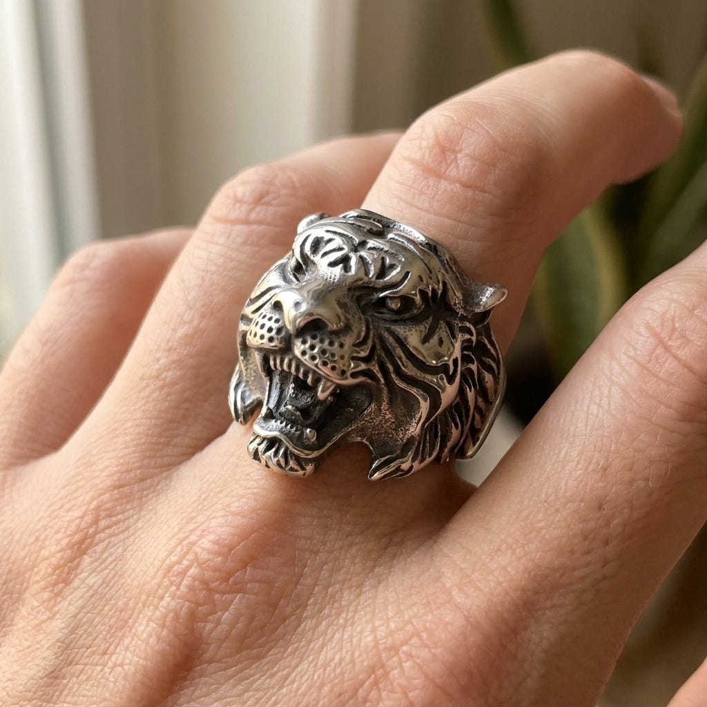 Roaring Tiger Head Wide Band Ring