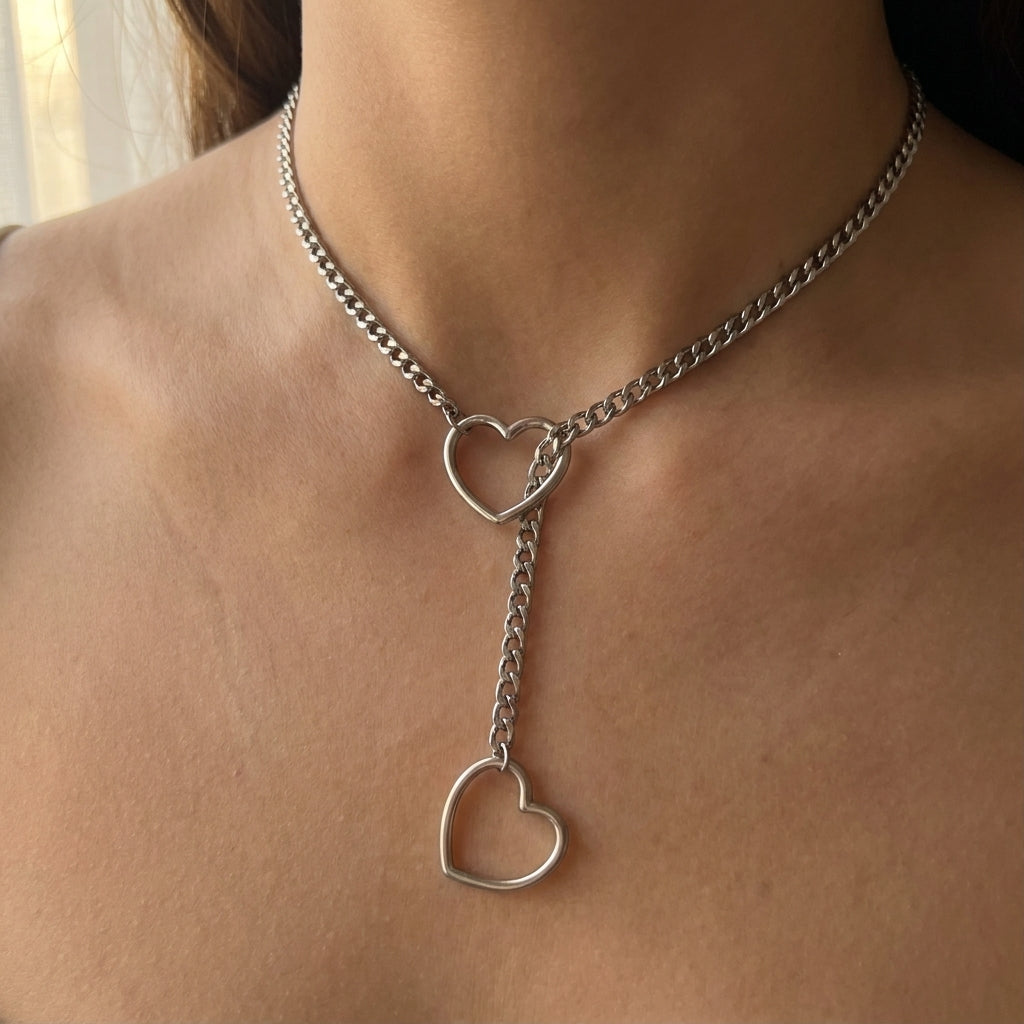Double Open Heart Lariat Necklace
