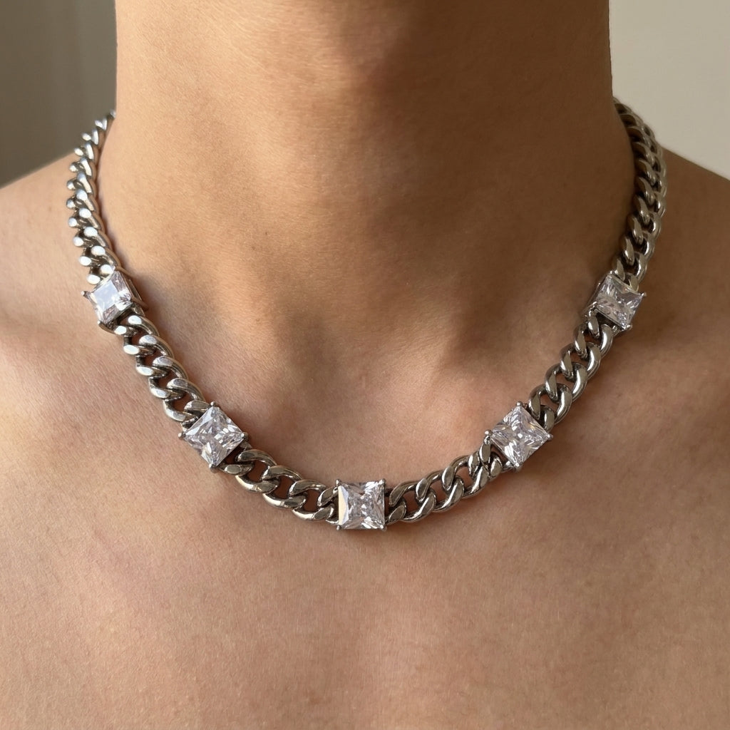 Crystal Station Curb Chain Necklace