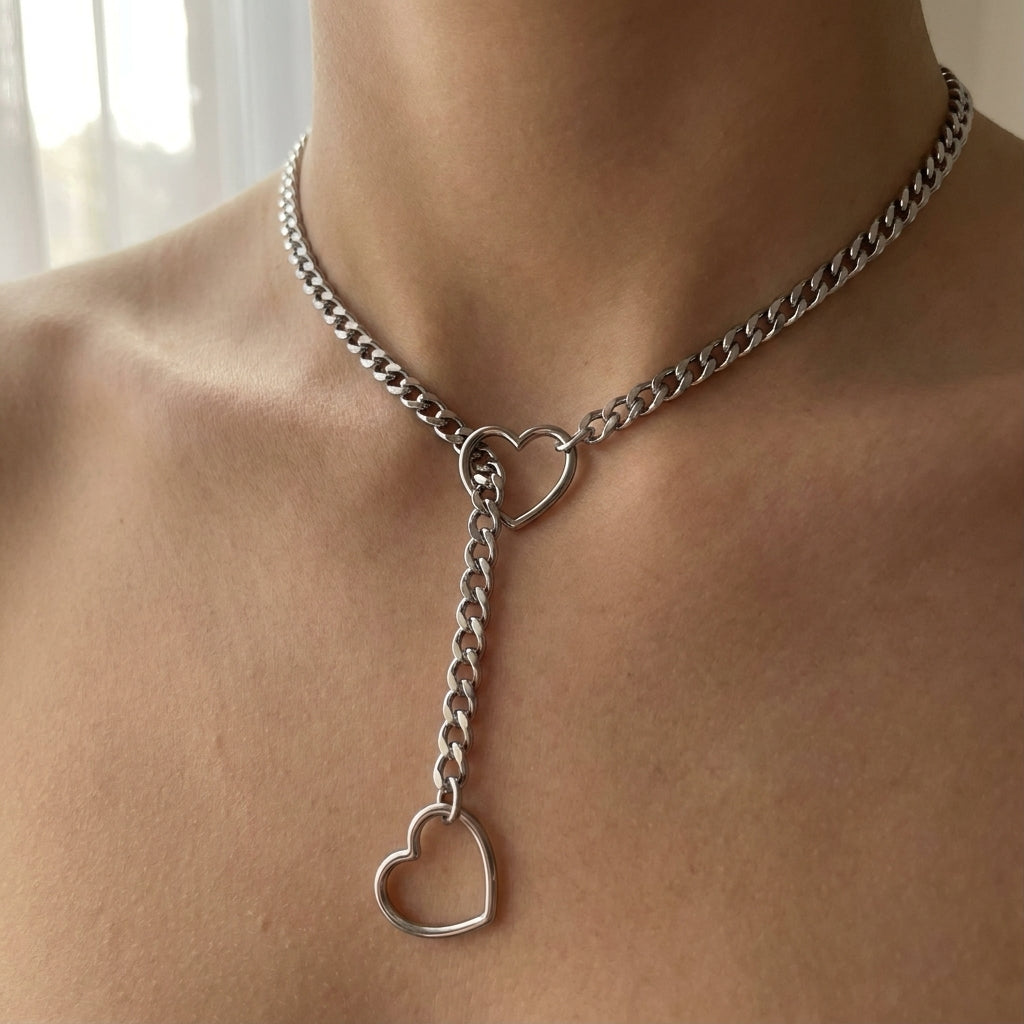 Silver Open Heart Ring Lariat Curb Chain Necklace