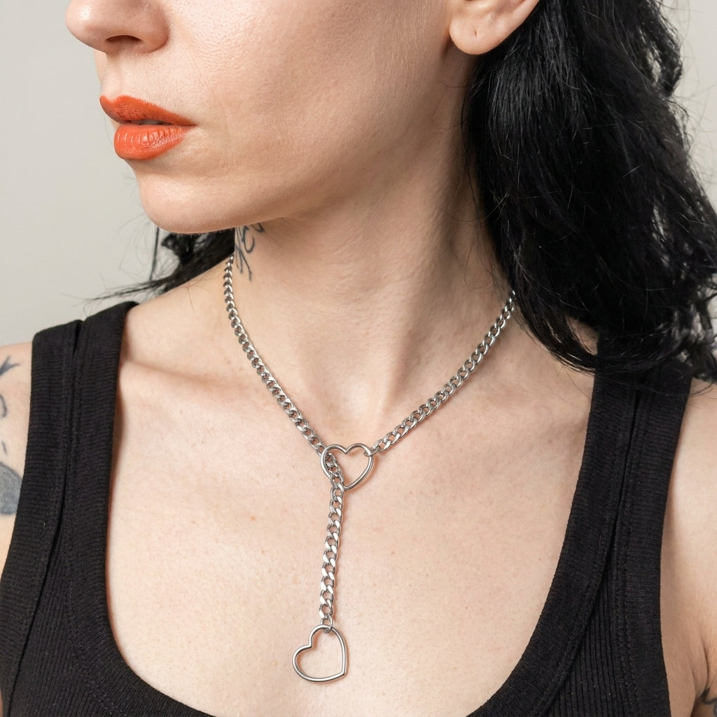 Silver Open Heart Ring Lariat Curb Chain Necklace