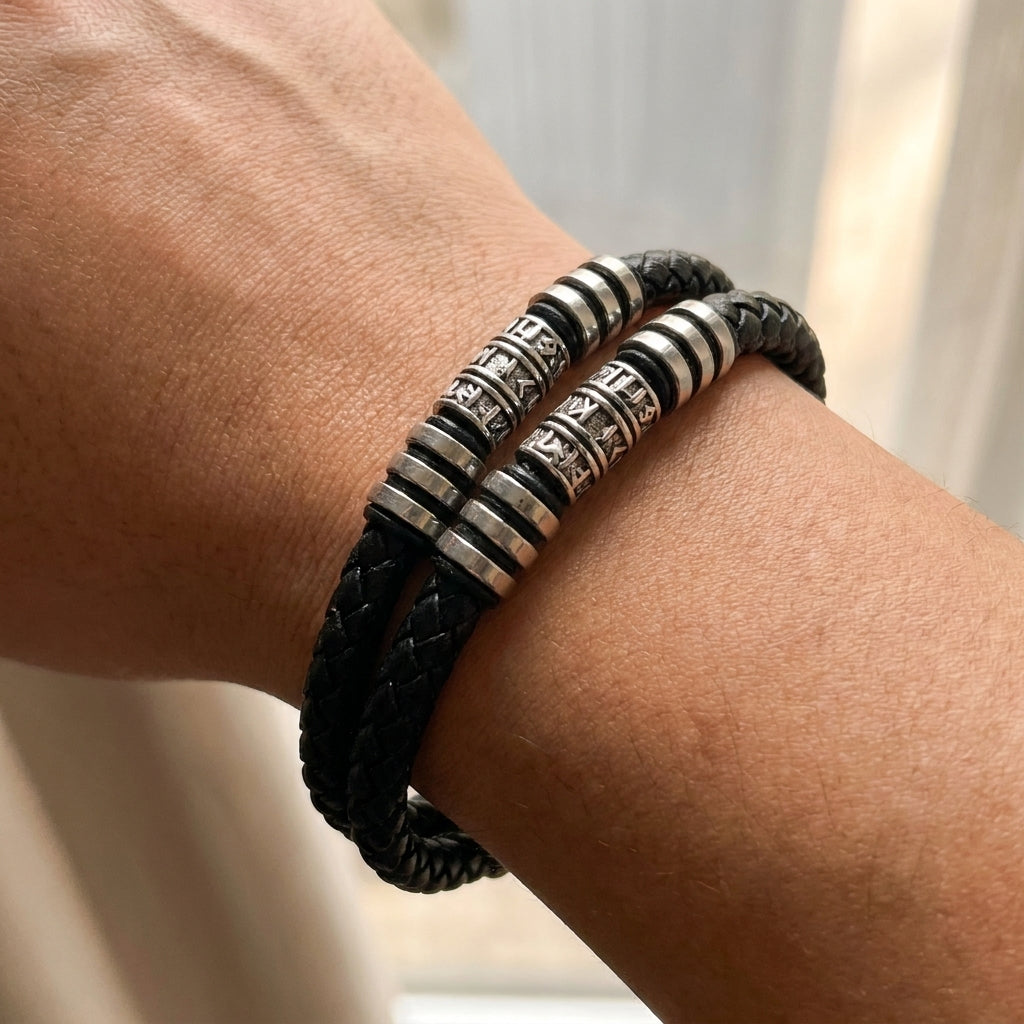 Runic Bead Double Leather Bracelet