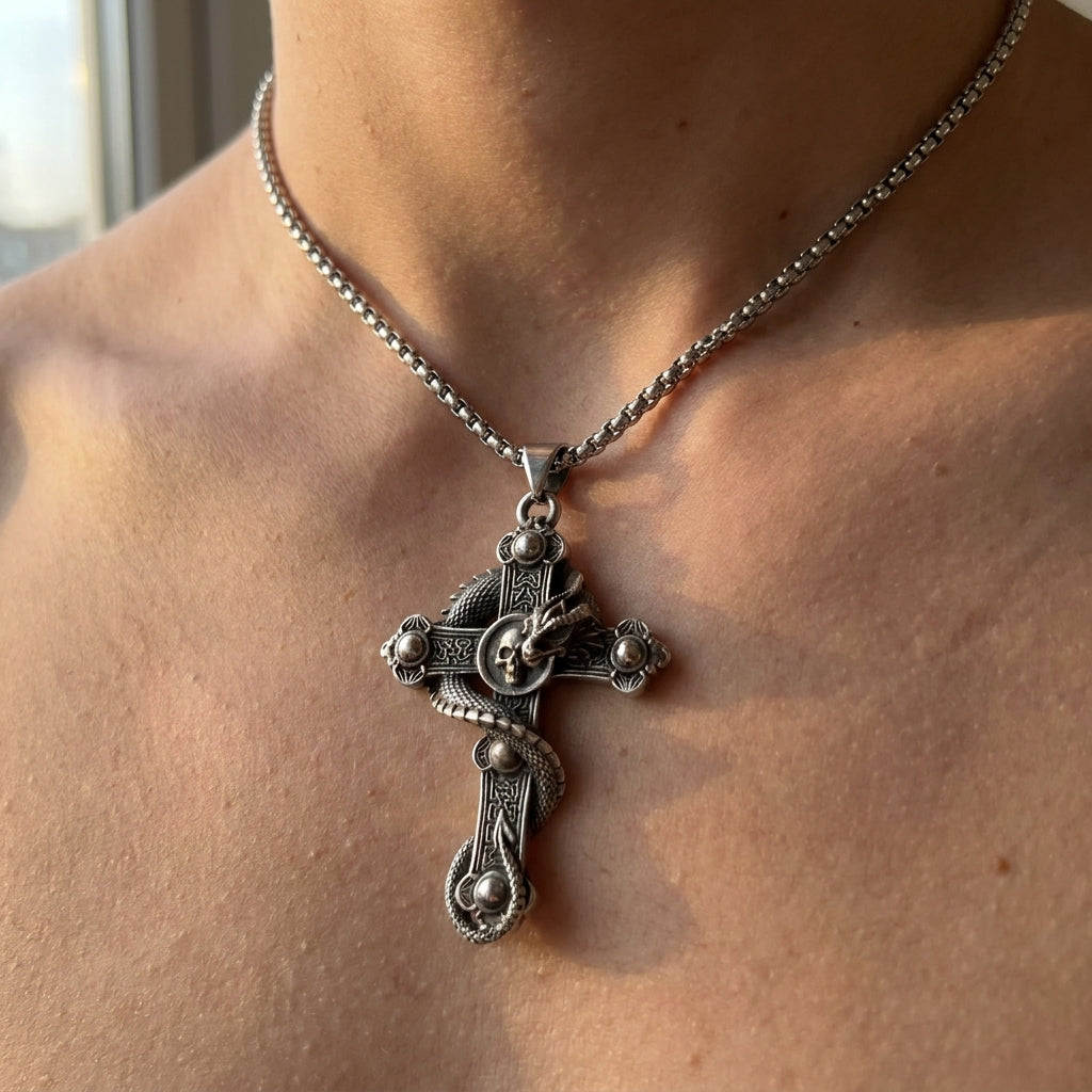 Serpent Skull Cross Pendant Necklace