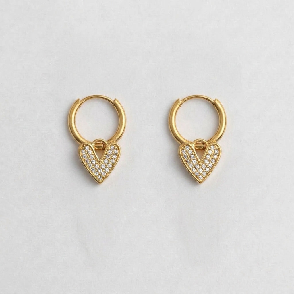 Gold Pavé Heart Charm Huggie Hoop Earrings