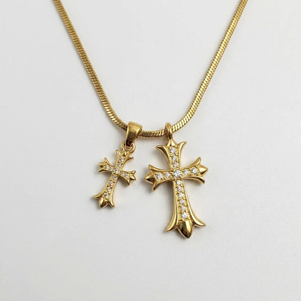 Gold Pavé Twin Gothic Cross Snake Chain Necklace