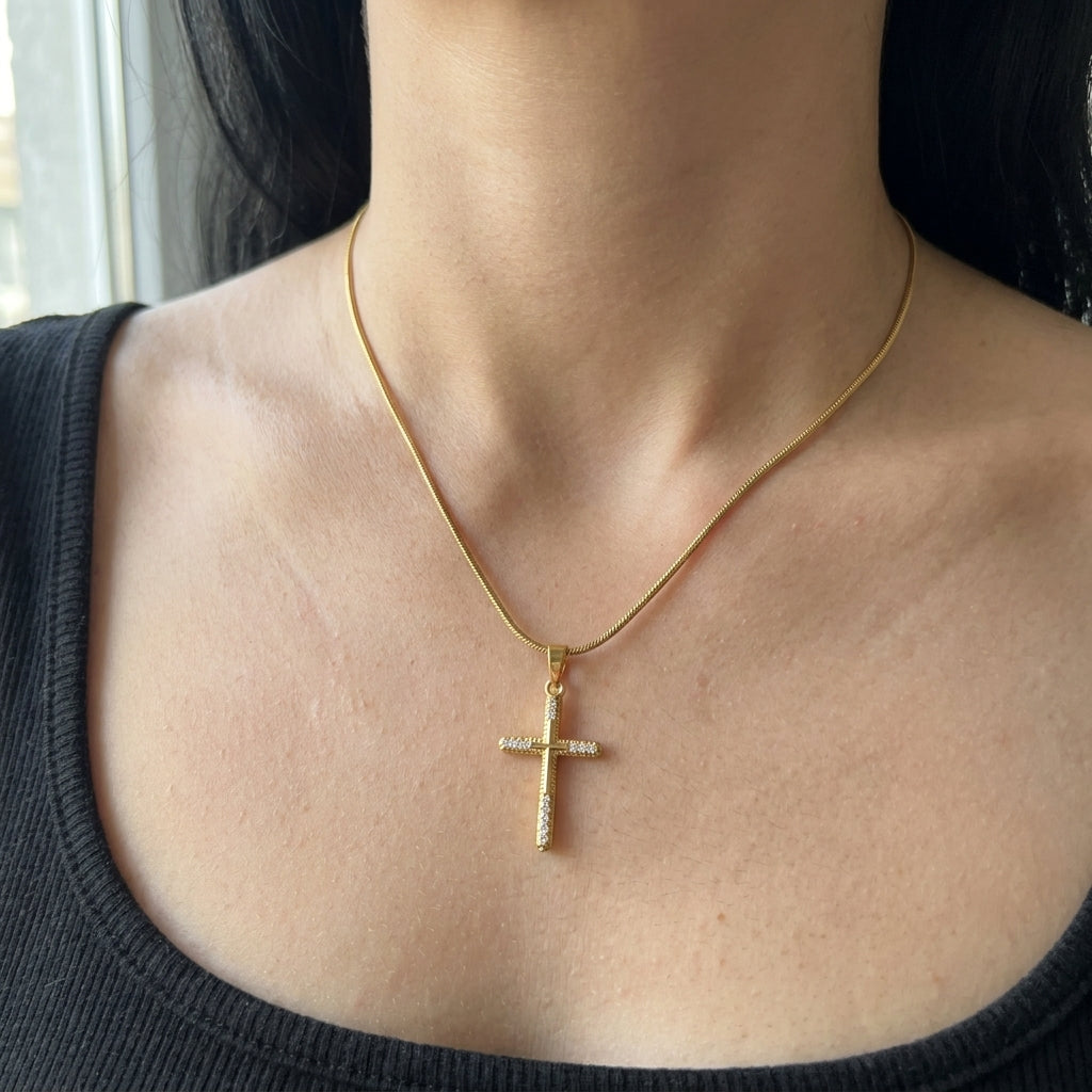 Gold Crystal-Tipped Ribbed Cross Snake Chain Necklace