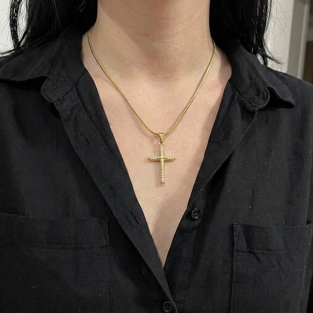 Gold Crystal-Tipped Ribbed Cross Snake Chain Necklace