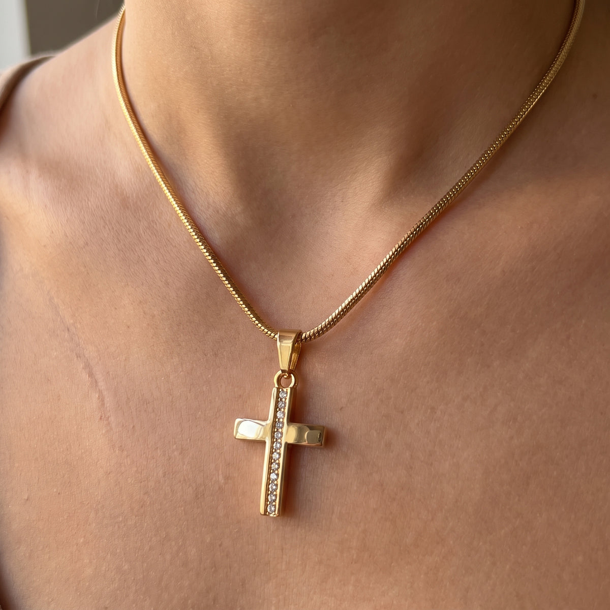 Gold Crystal Channel Bar Cross Snake Chain Necklace