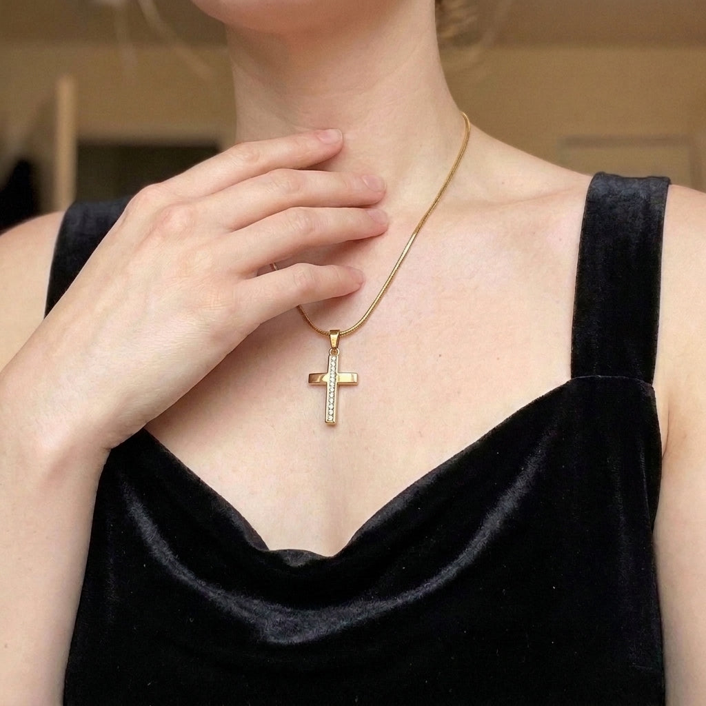 Gold Crystal Channel Bar Cross Snake Chain Necklace