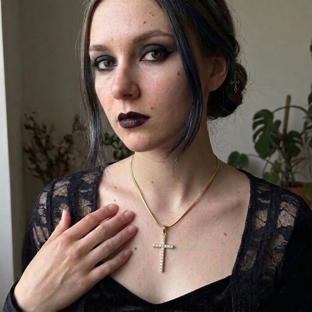 Gold Full Pavé Crystal Cross Snake Chain Necklace