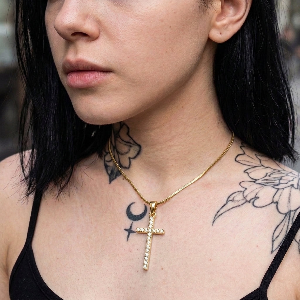 Gold Full Pavé Crystal Cross Snake Chain Necklace
