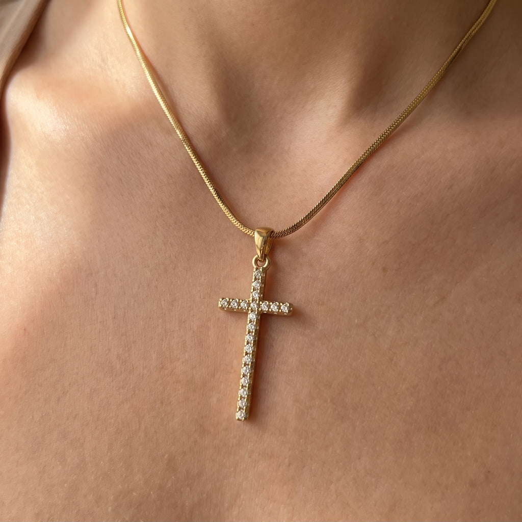 Gold Full Pavé Crystal Cross Snake Chain Necklace