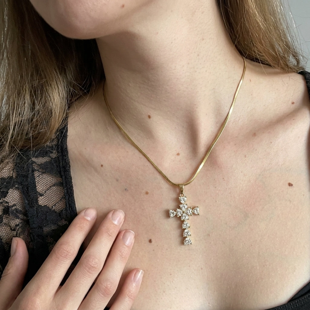 Gold Heart Crystal Cross Snake Chain Necklace