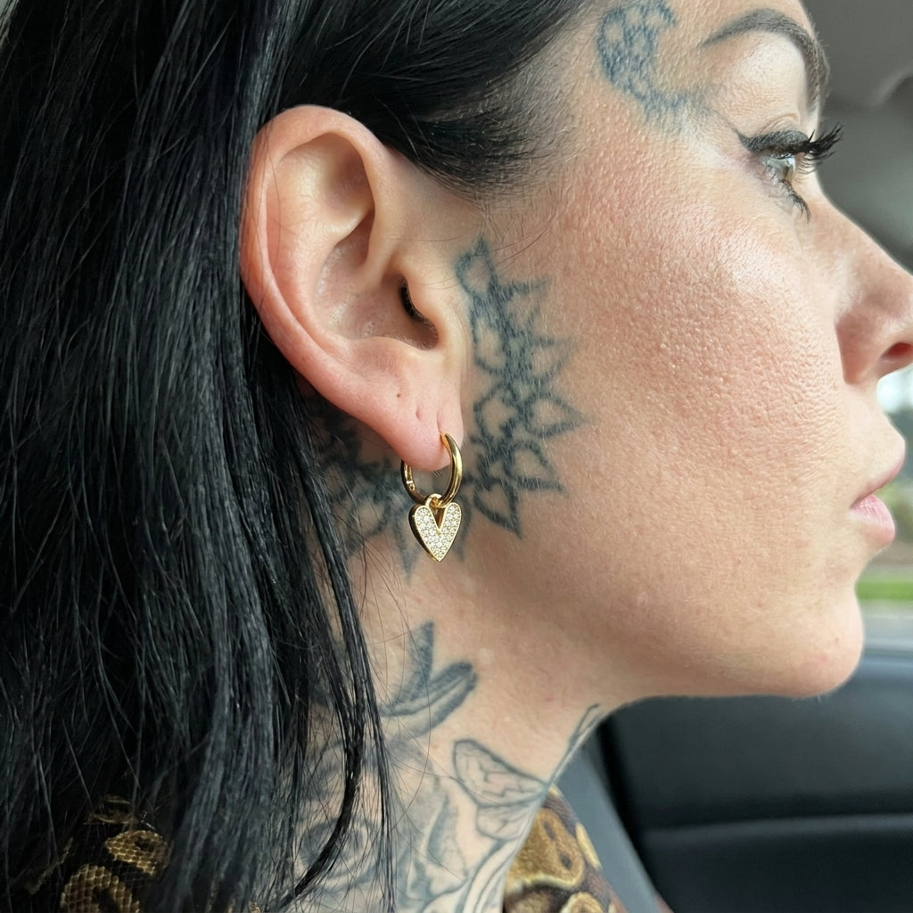 Gold Pavé Heart Charm Huggie Hoop Earrings