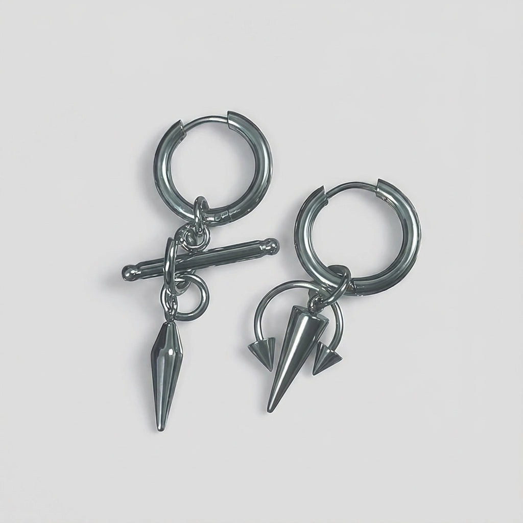 Gunmetal Mismatched Barbell & Spike Huggie Earrings