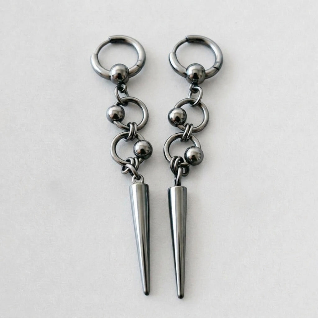Gunmetal Orbit Bead Long Spike Earrings