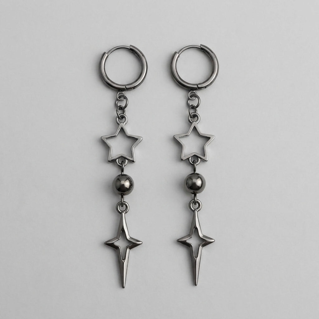 Gunmetal Star & North Star Drop Earrings
