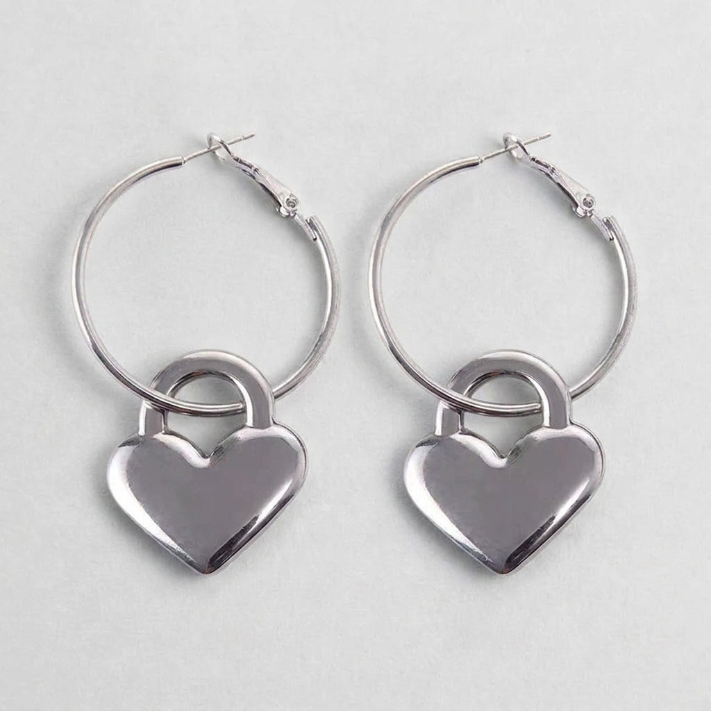 Heart Padlock Charm Hoop Earrings