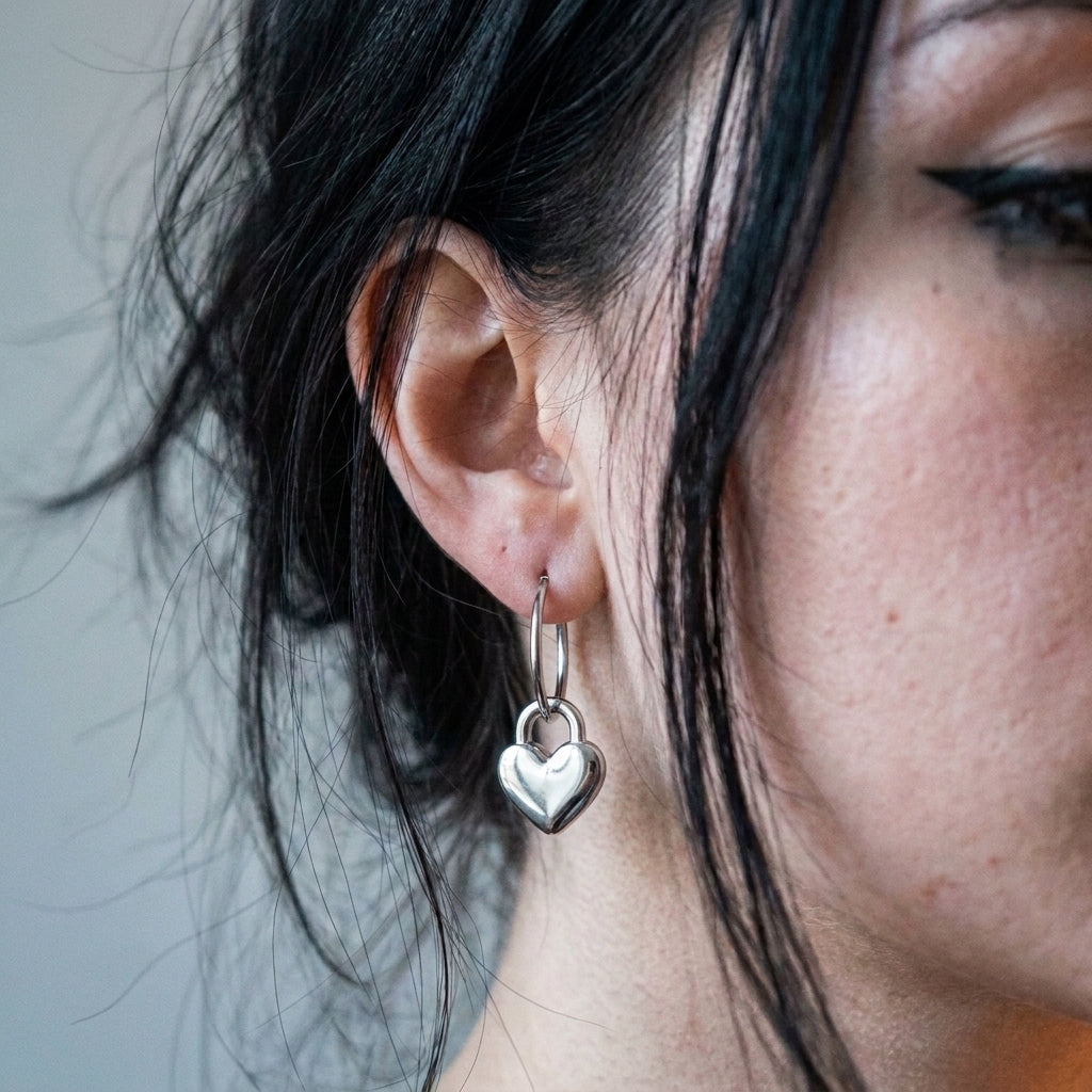 Heart Padlock Charm Hoop Earrings