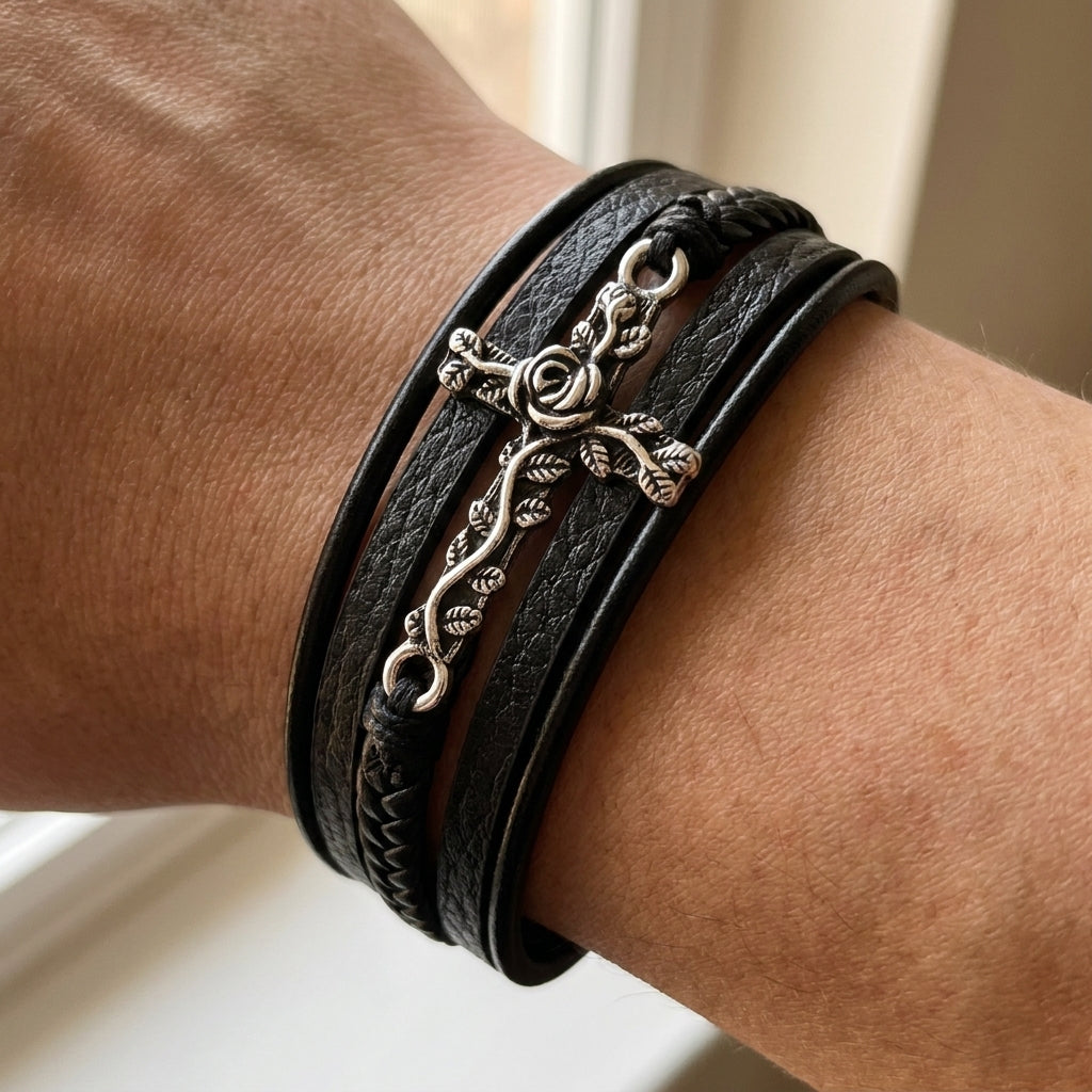 Men's Black Leather Braid Rose Vine Cross Clasp Bracelet