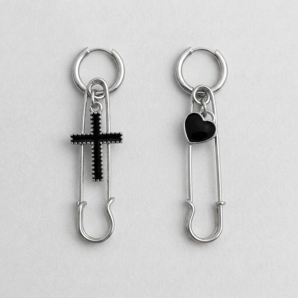 Mismatched Safety Pin Black Cross & Heart Earrings