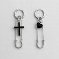 Mismatched Safety Pin Black Cross & Heart Earrings