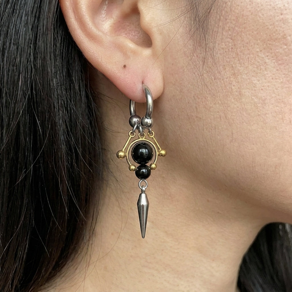Onyx & Gold Bead Spike Earrings