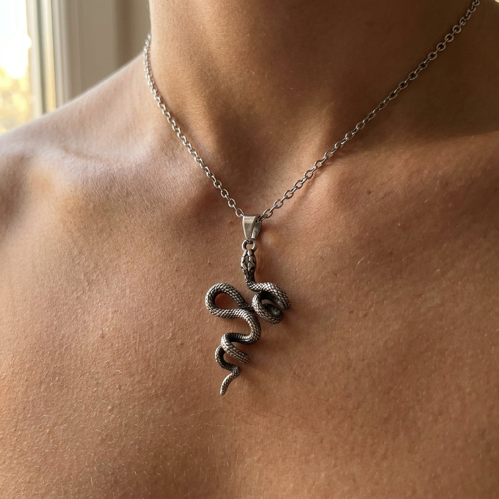 Oxidized Silver Snake Pendant Necklace