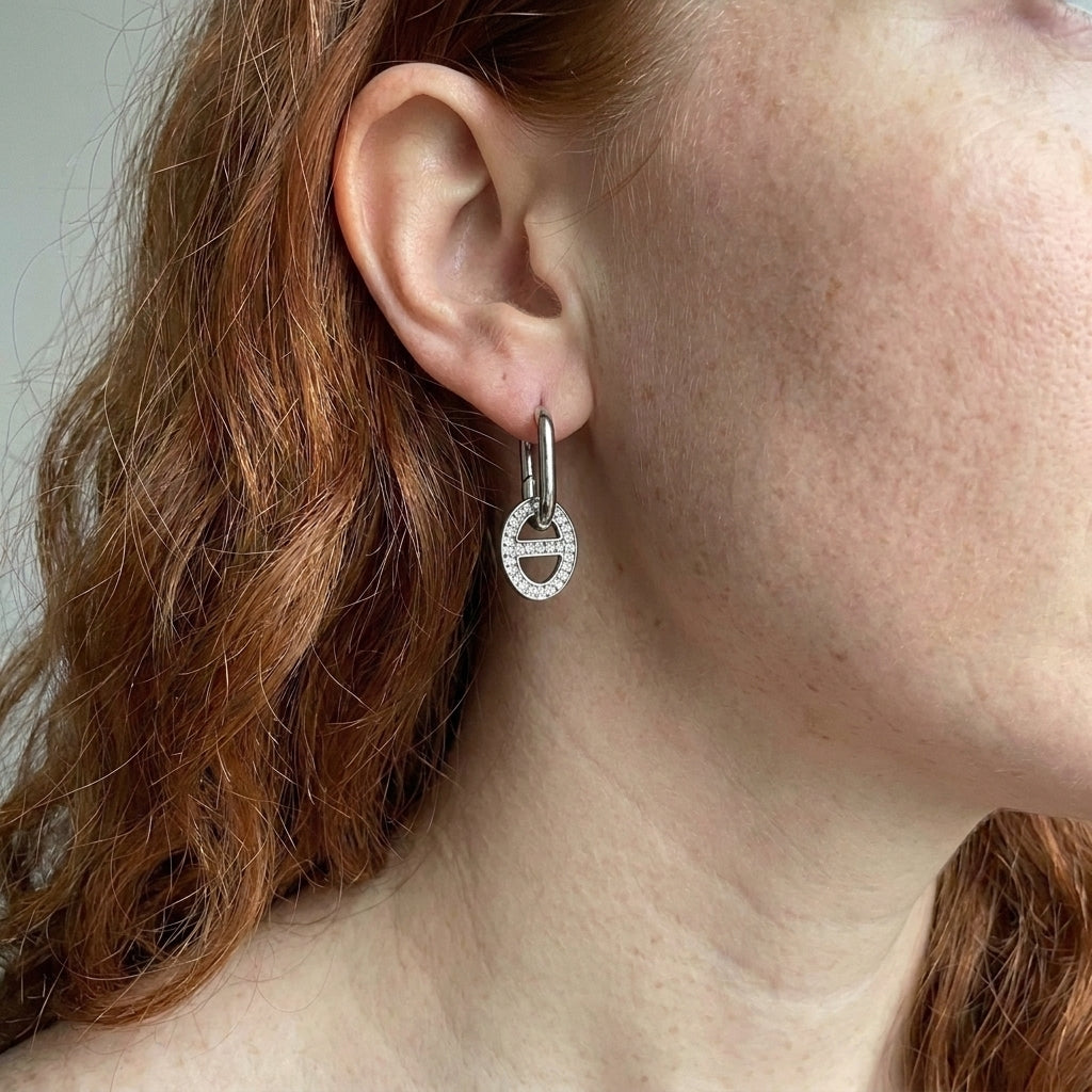 Pave Oval Link Drop Earrings