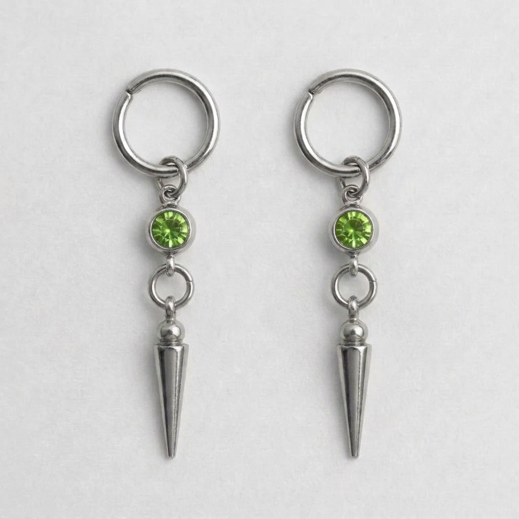 Peridot Green Crystal Bezel Spike Drop Hoop Earrings