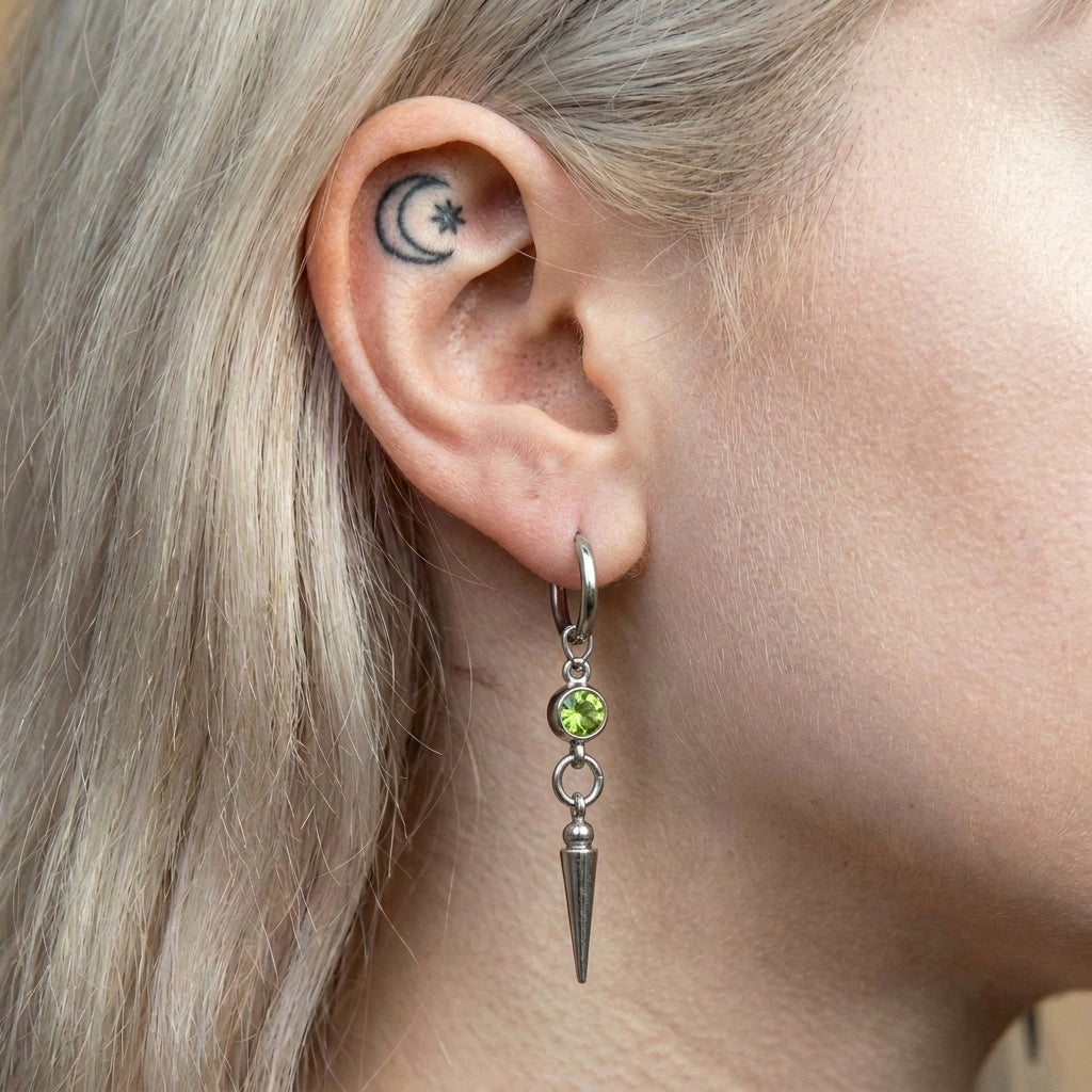 Peridot Green Crystal Bezel Spike Drop Hoop Earrings